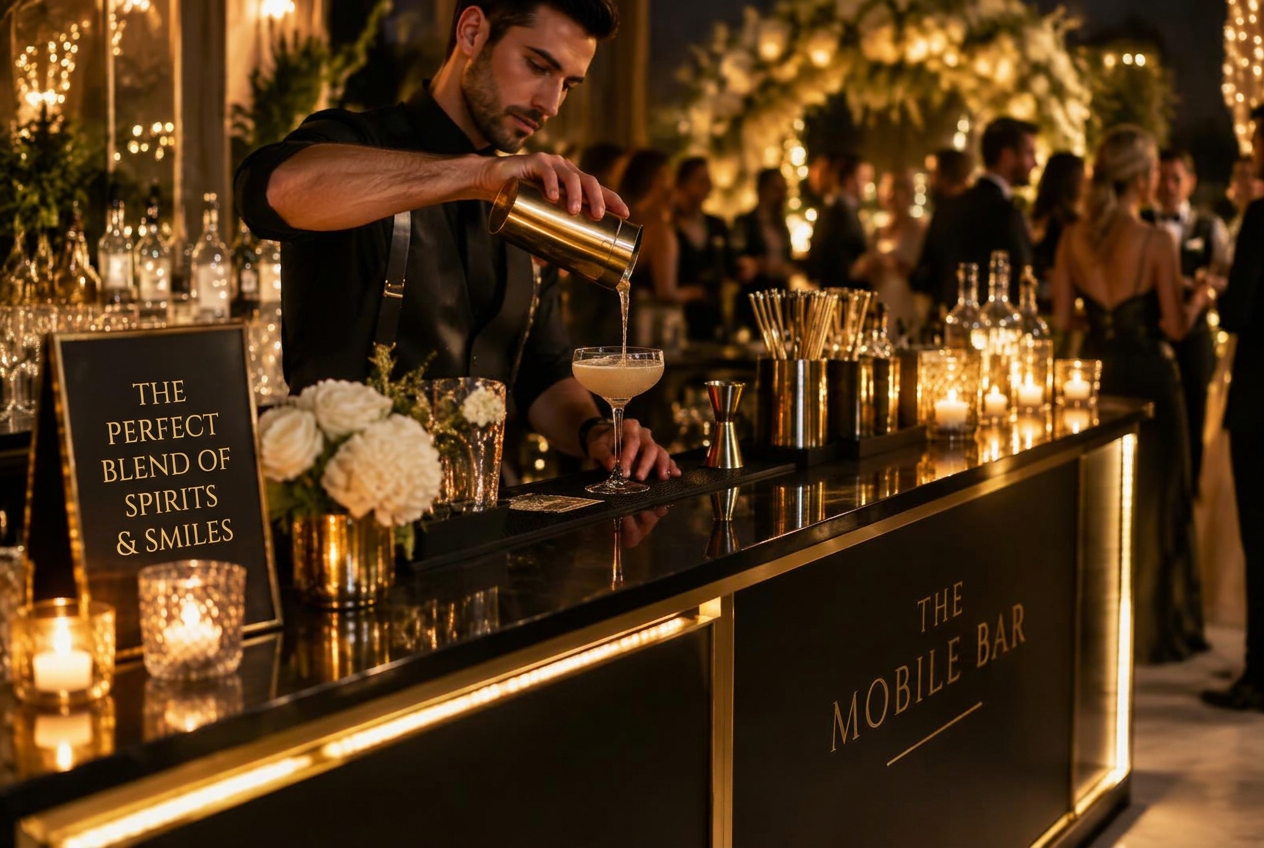 Bartender pouring a cocktail at an elegant gold and black mobile bar